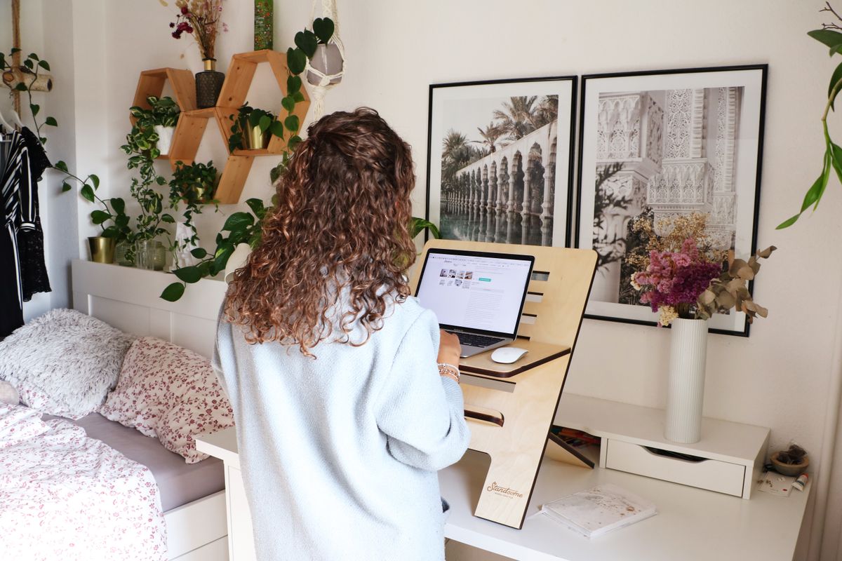 Full electric standing desk in a home office