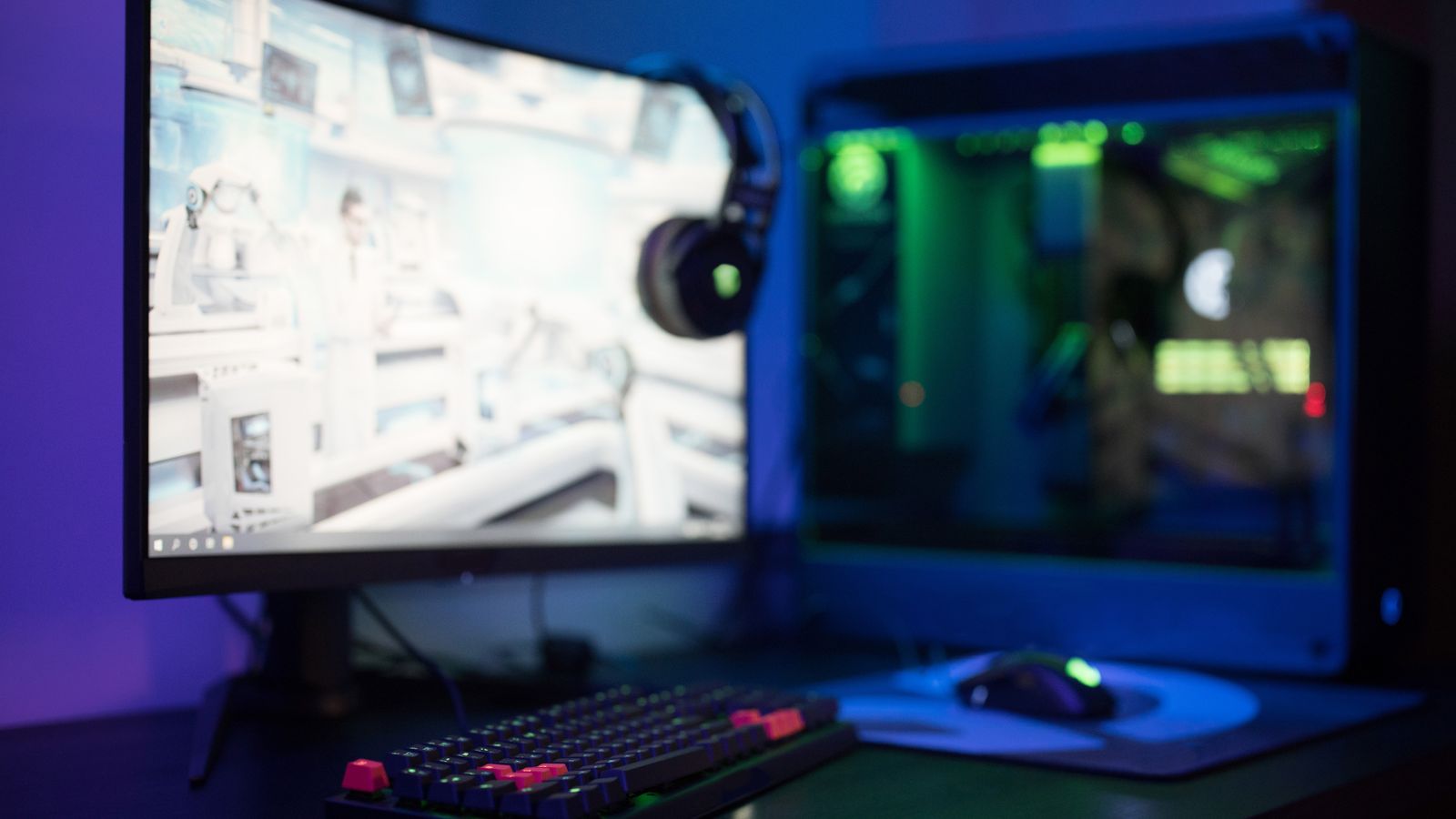 Gaming and entertainment desk setup with streaming devices