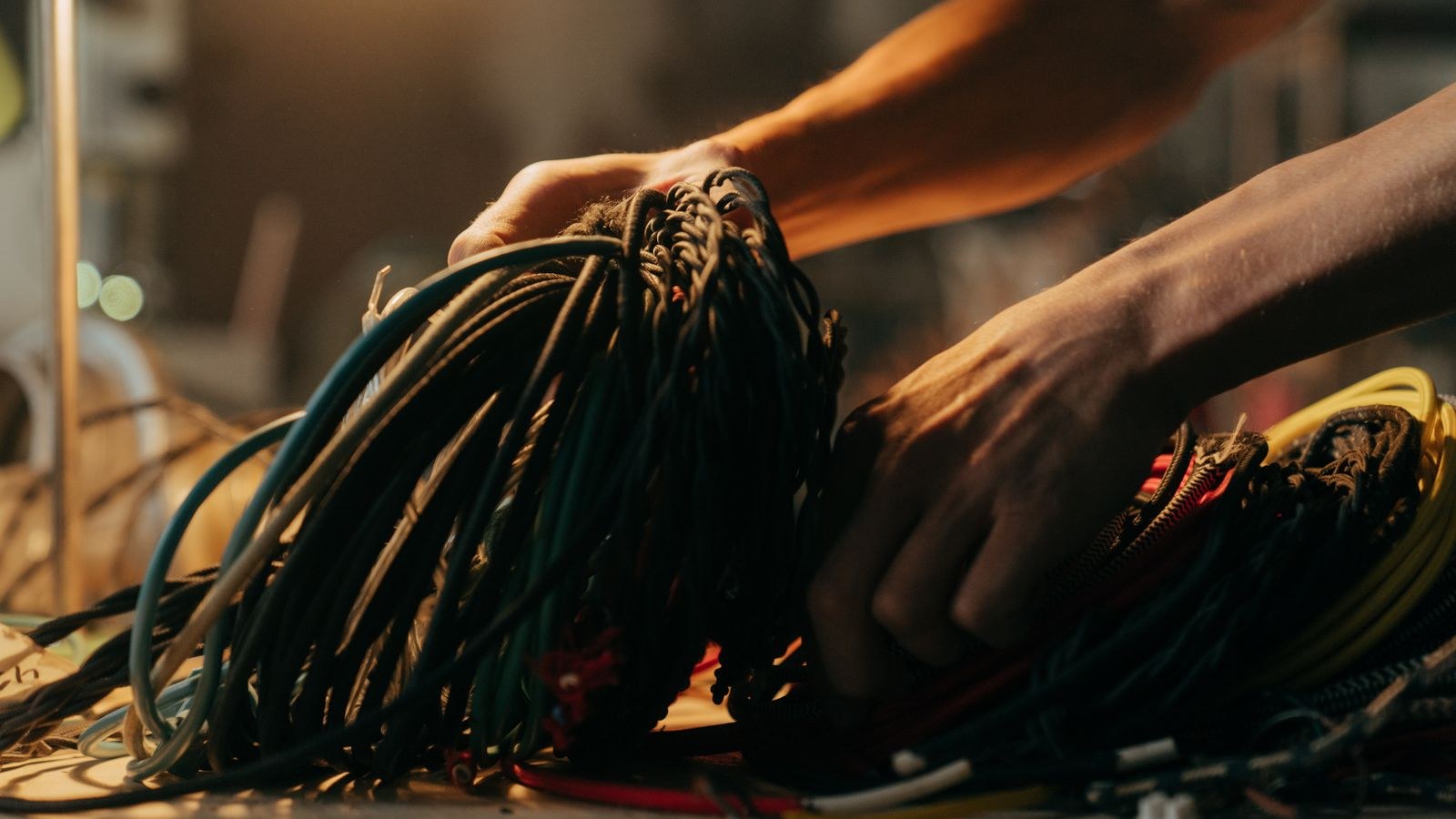 Hands sorting through a bundle of coloured cables and wires on a table