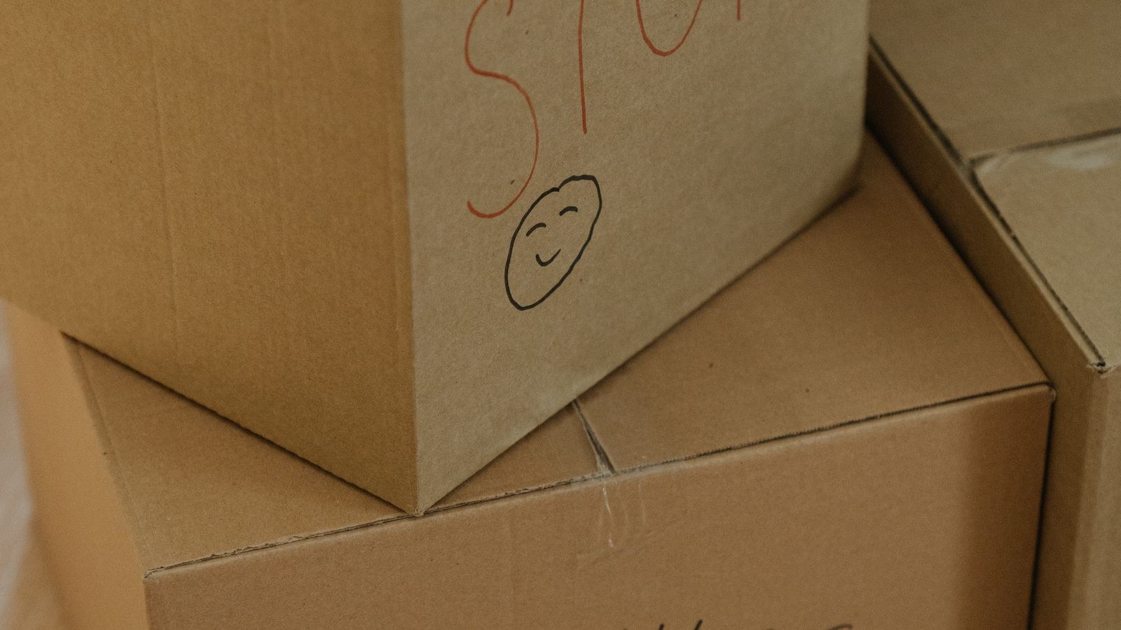 Labelled cardboard moving boxes packed and ready for relocation day