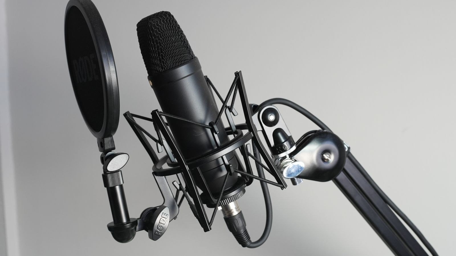 Black condenser microphone with shock mount and pop filter for studio recording