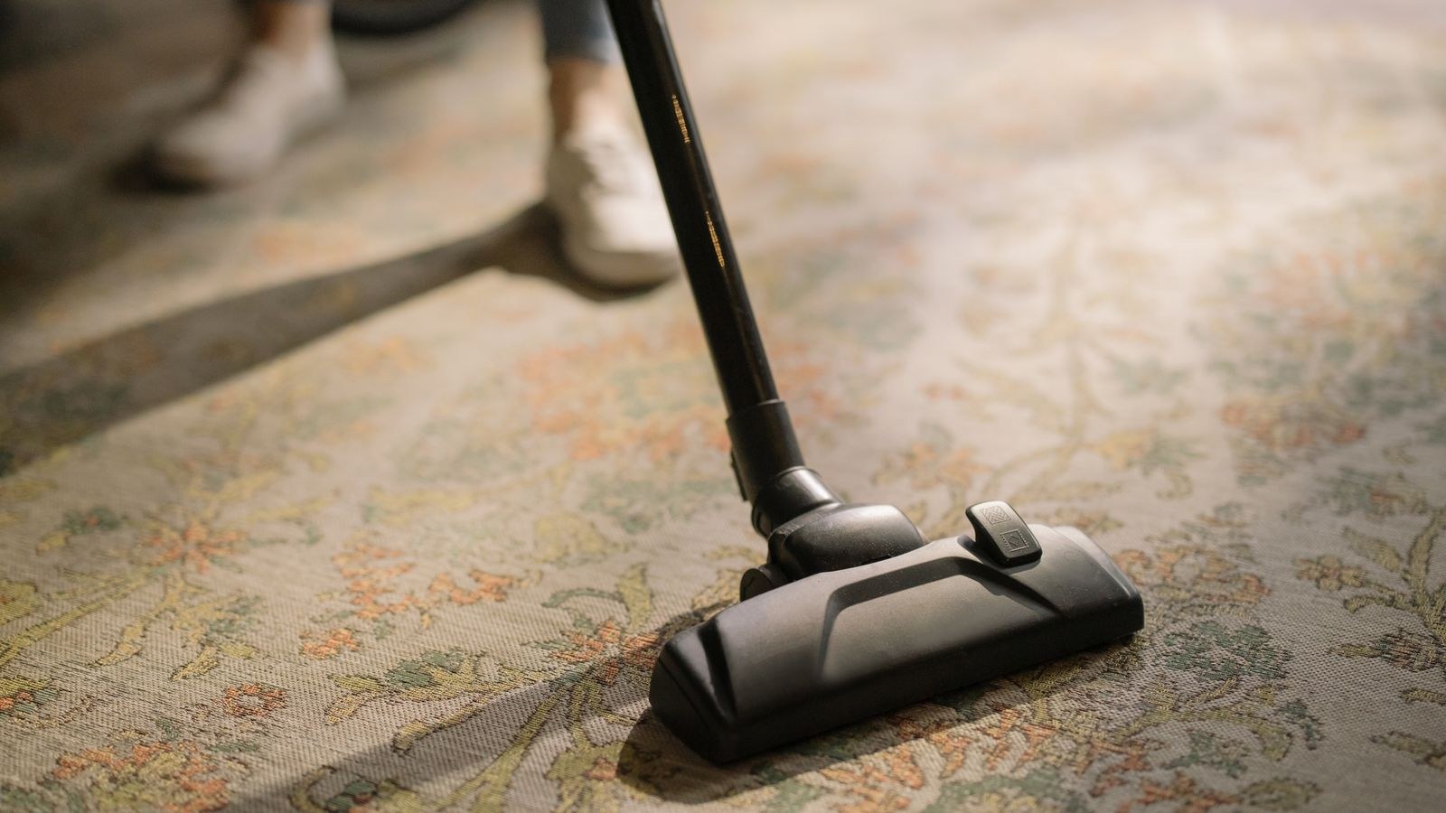 Vacuum cleaner nozzle cleaning a patterned carpet in a sunlit room