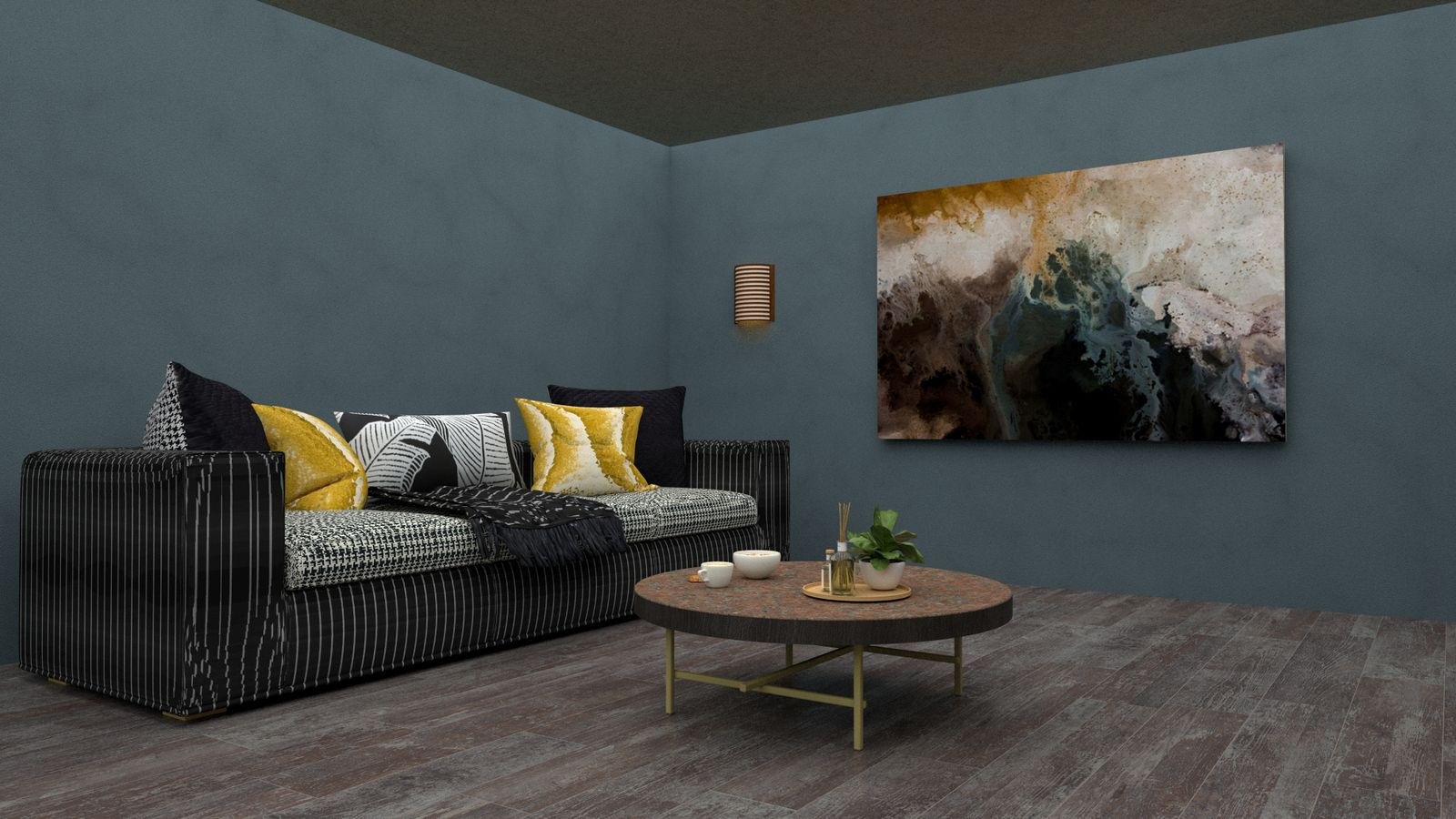 Contemporary sofa with abstract wall art in a modern living room