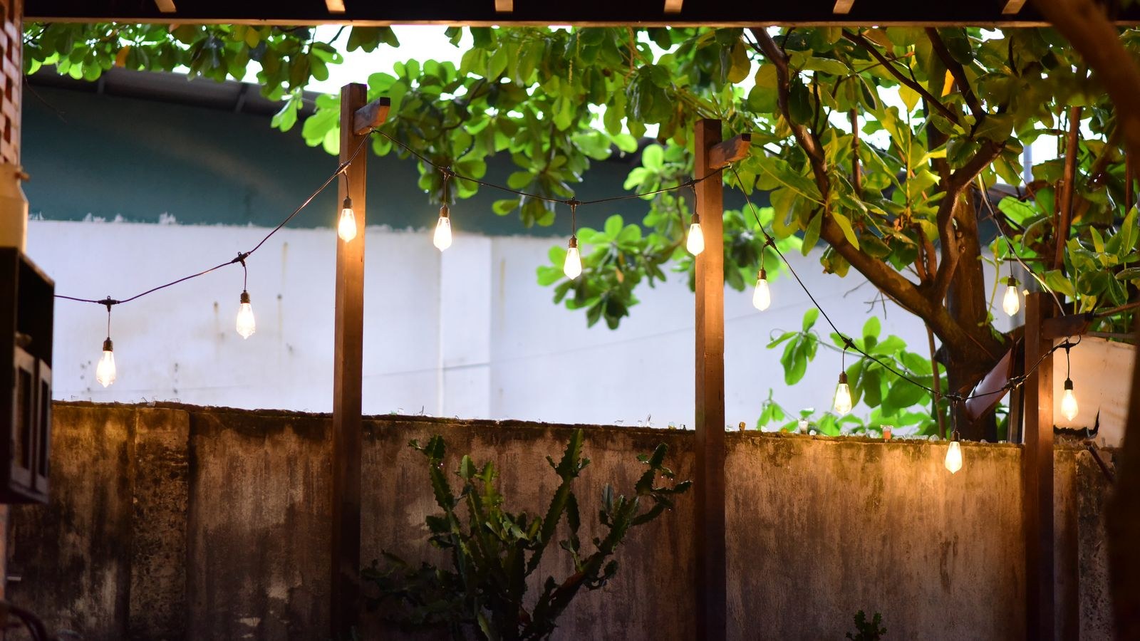 Covered outdoor patio with damp rated hanging light fixtures and greenery
